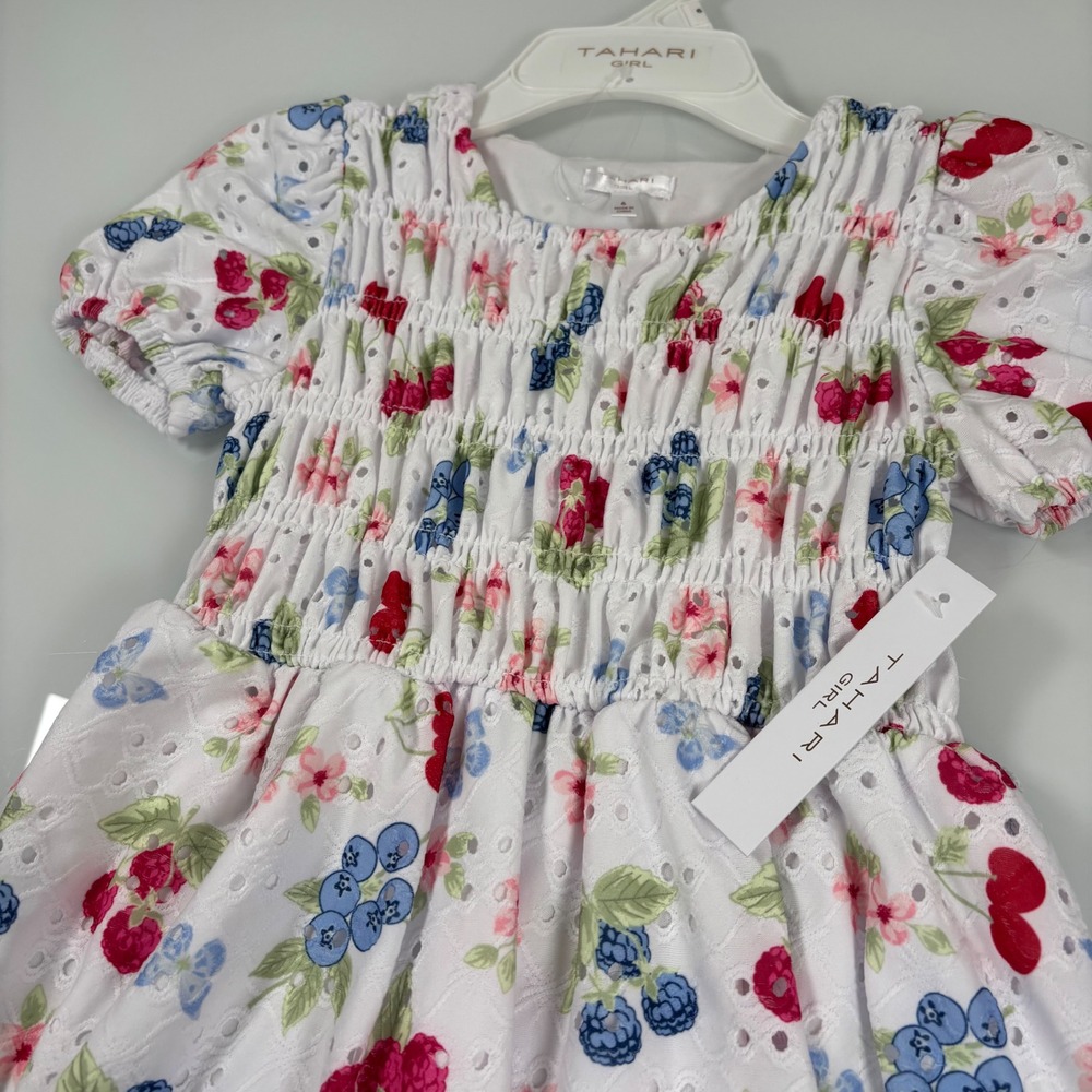 Tahari Girl Kids 6 White Berry Floral Eyelet Smocked Dress NEW Fruit Print